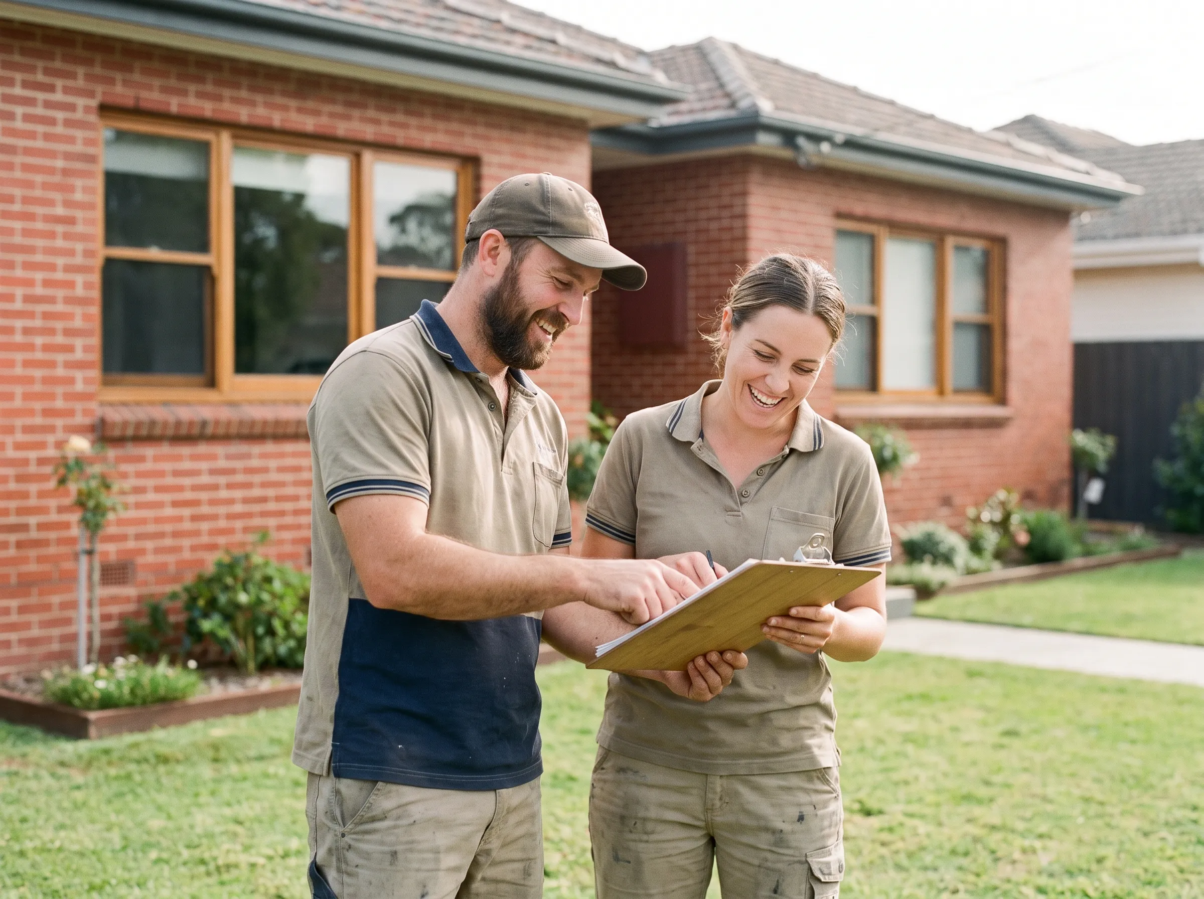 Two friendly Australian tradies reviewing a job at a suburban home