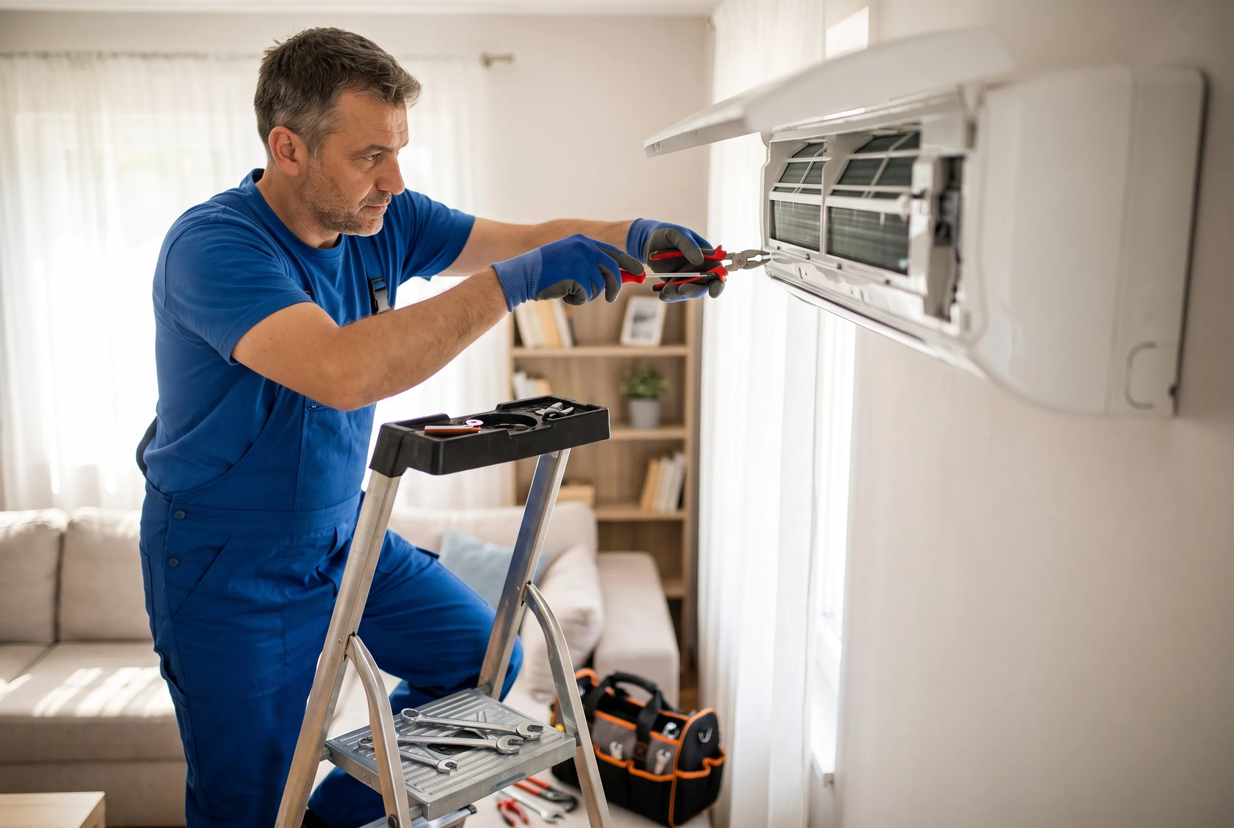 A technician installing a wall-mounted split-system air conditioner in a home