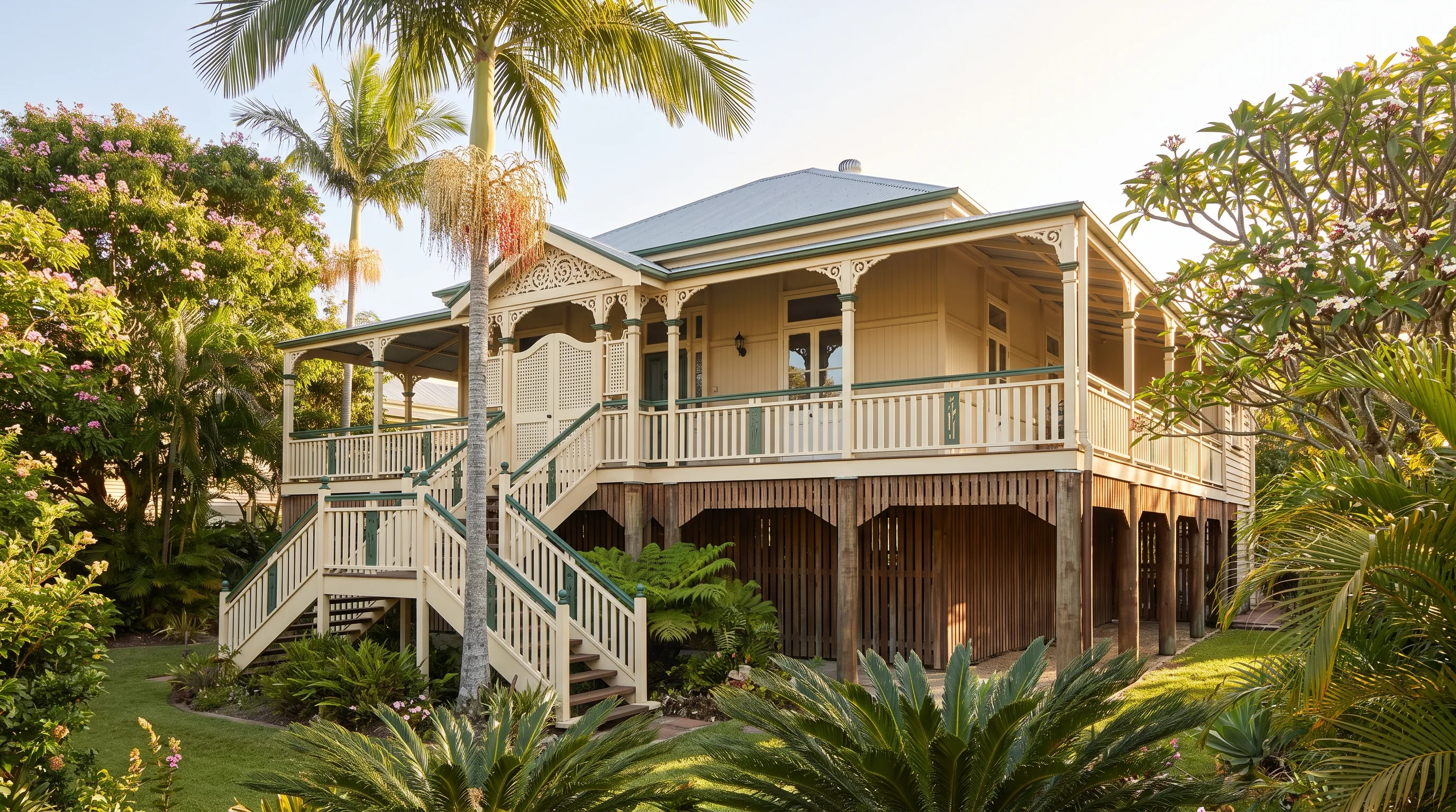 A classic Brisbane Queenslander home with a wide verandah among subtropical greenery