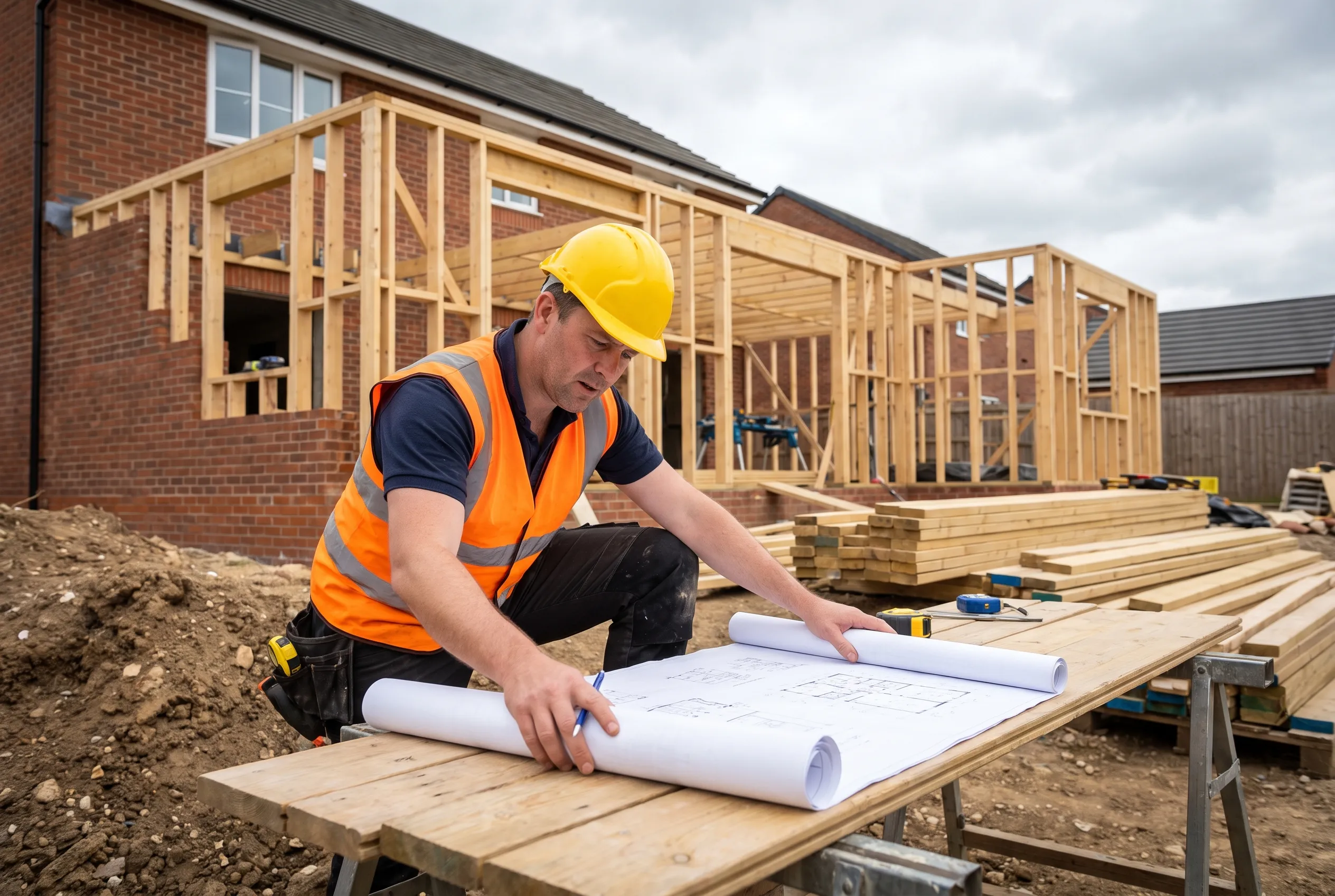 A builder in hi-vis and a hard hat reviewing house plans on a home extension site