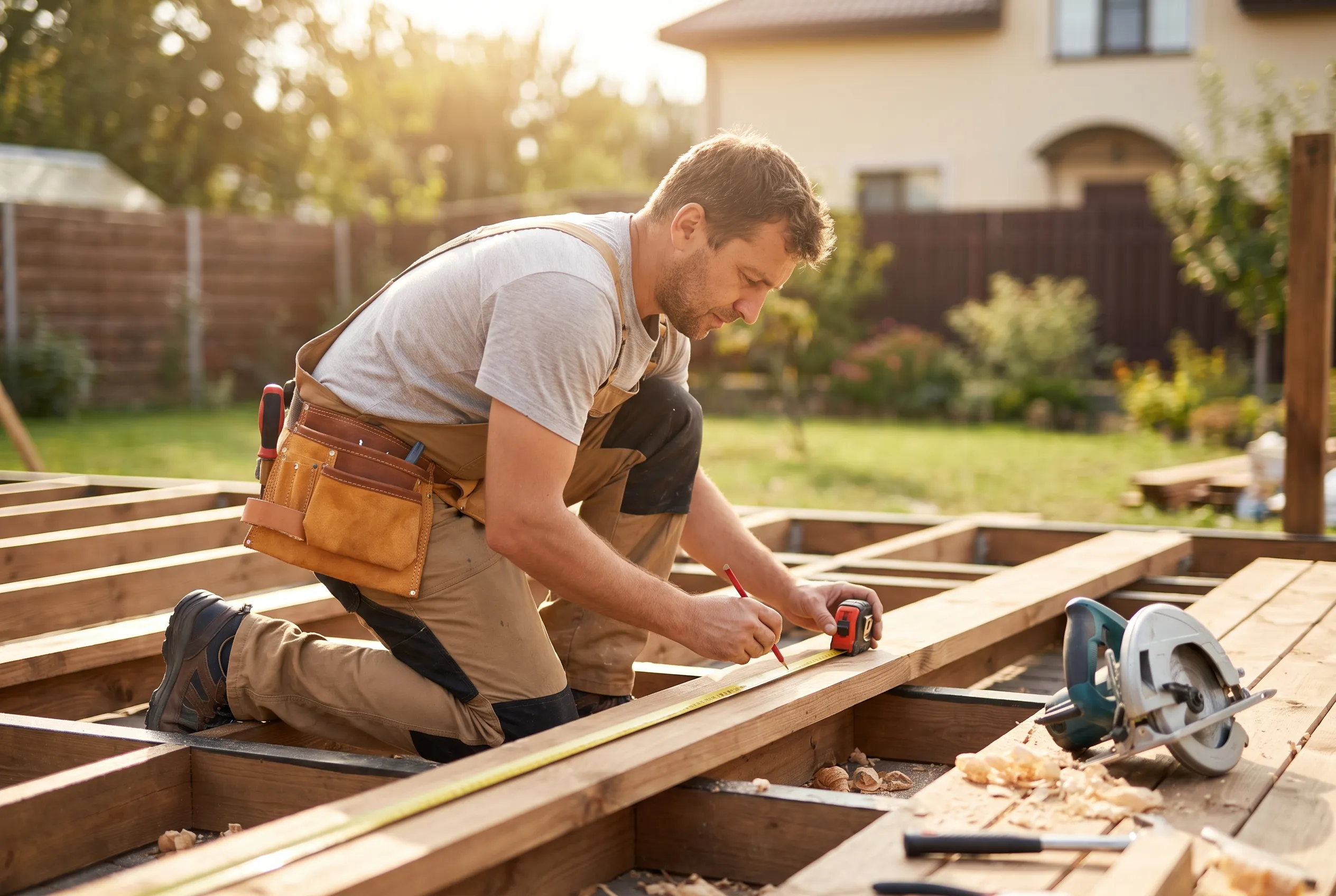 A carpenter measuring and cutting timber while building a backyard deck