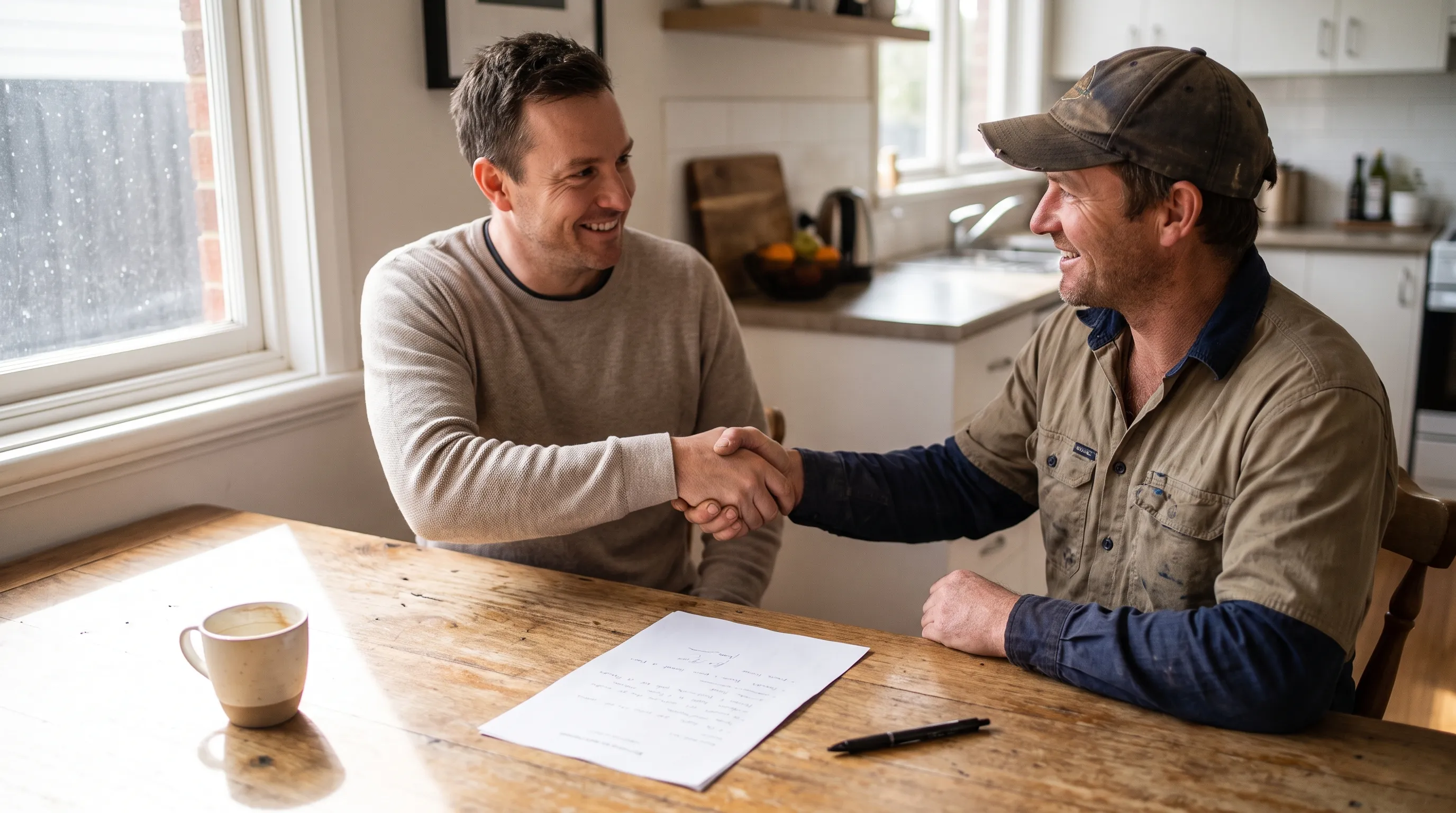 A homeowner and a tradie shaking hands over a paper contract at a kitchen table