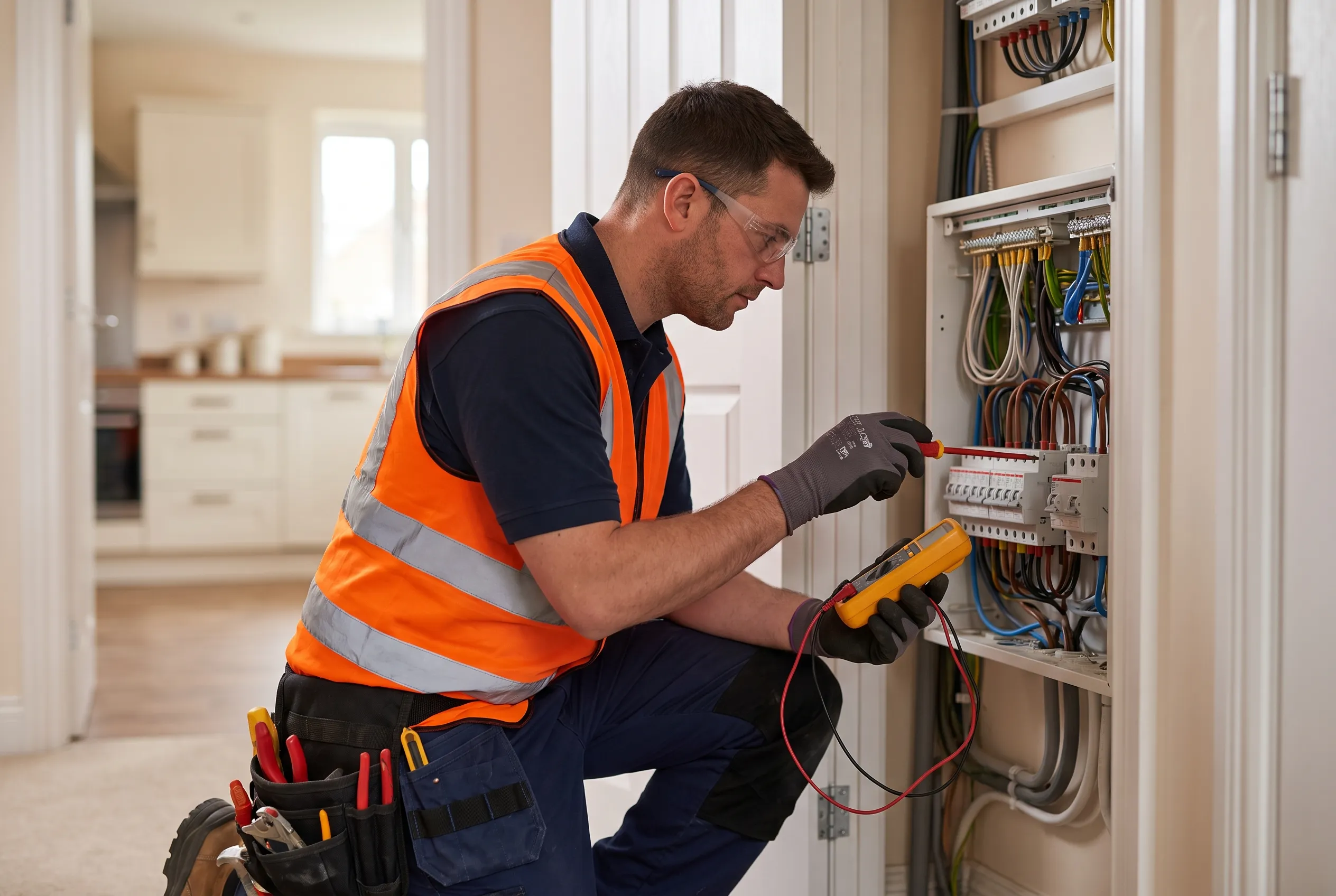 A licensed electrician working at an open residential switchboard, testing the wiring