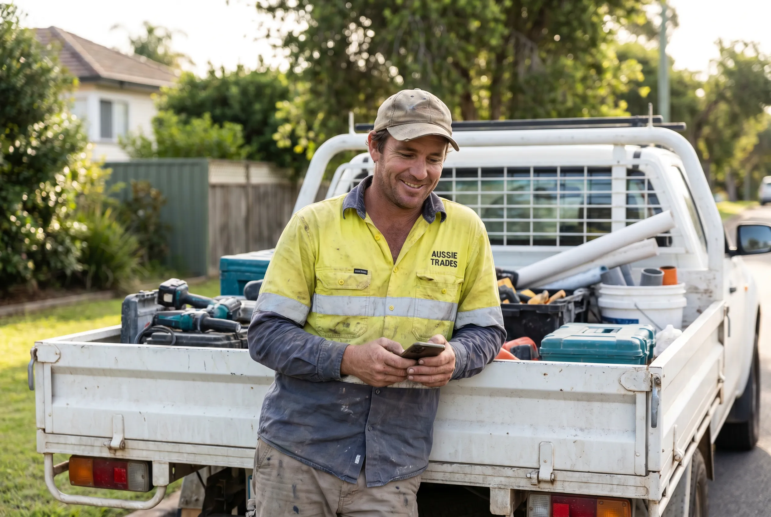 A local tradie checking jobs on the phone by the ute
