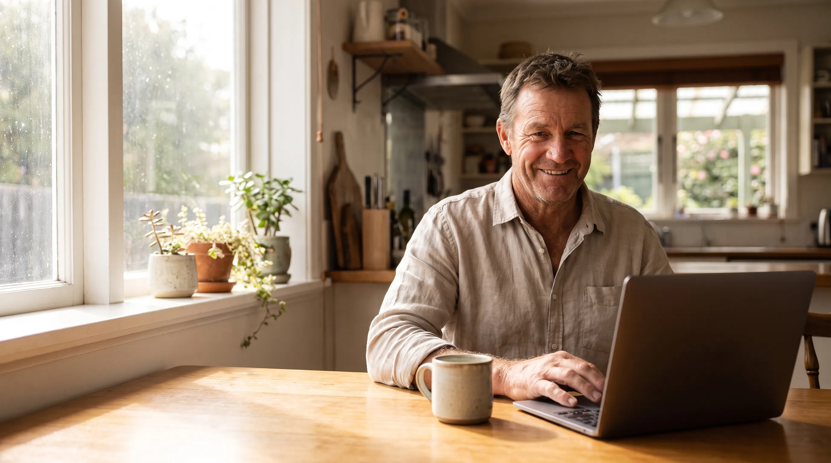 A relaxed homeowner with a laptop and a cup of tea at a sunny kitchen table