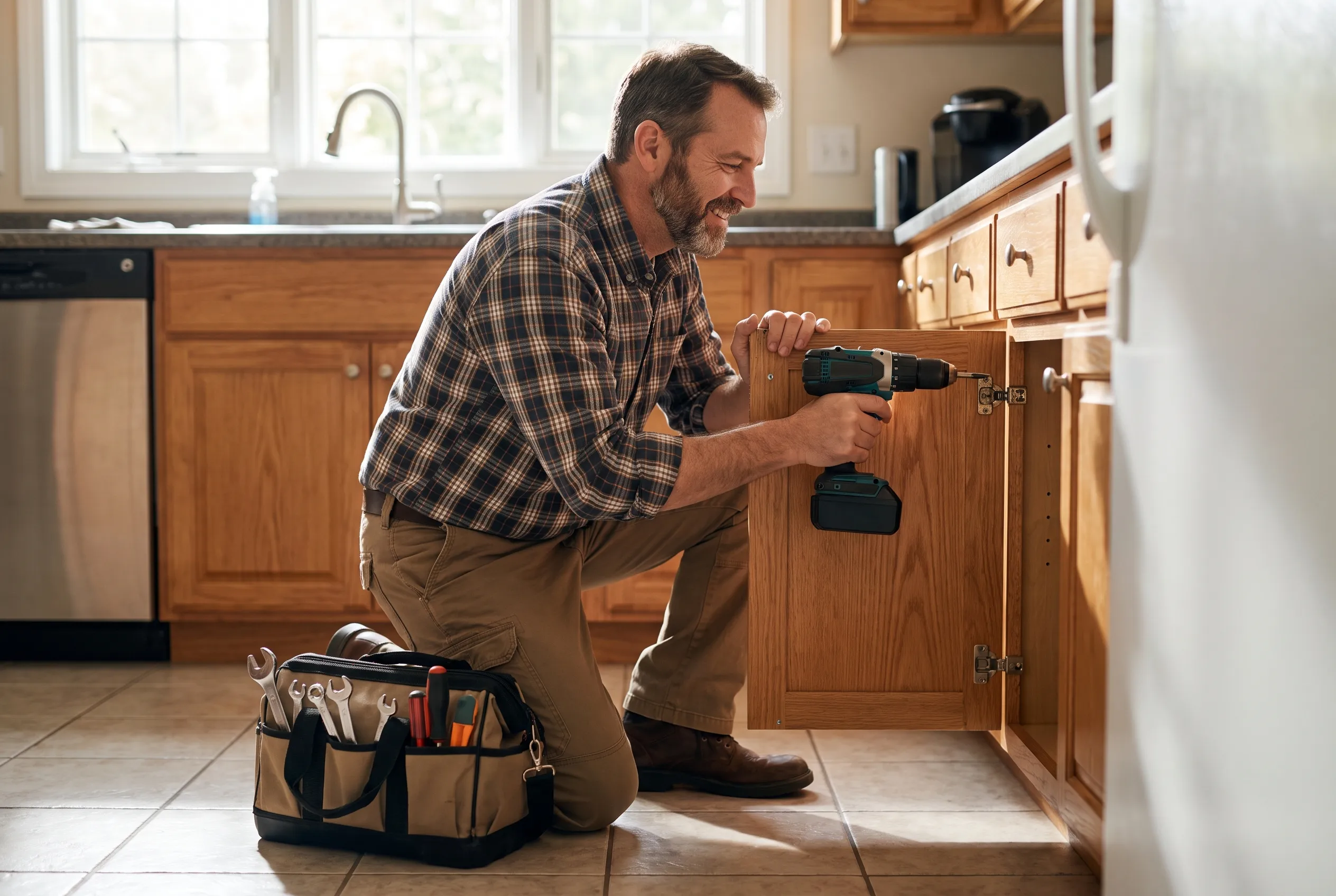 A handyman using a cordless drill to fix a kitchen cabinet door