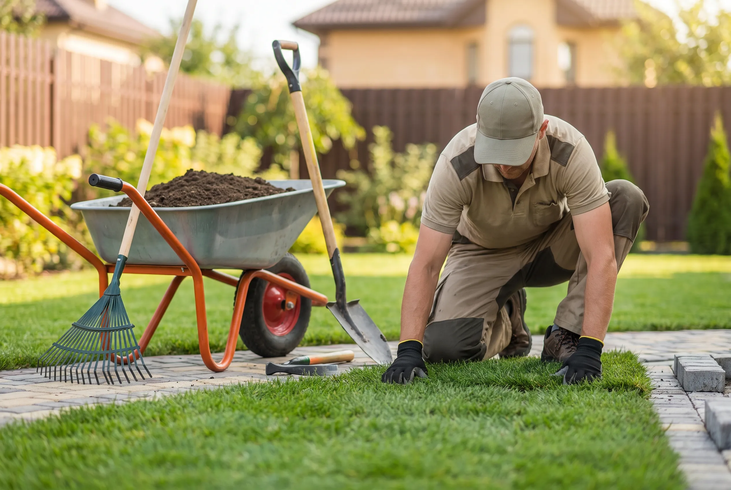 A landscaper laying turf and pavers in a suburban backyard