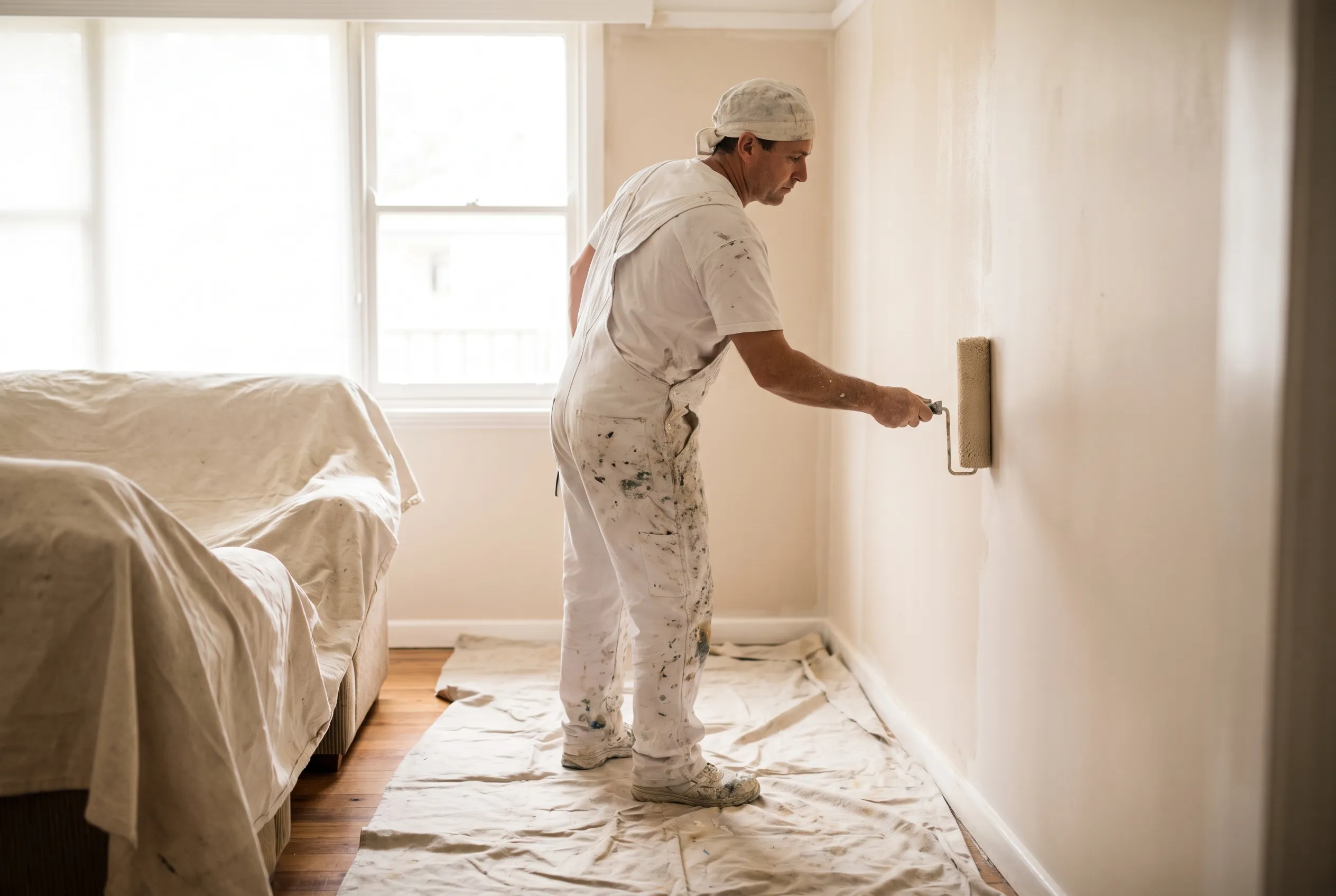 A painter in whites rolling fresh paint onto an interior wall