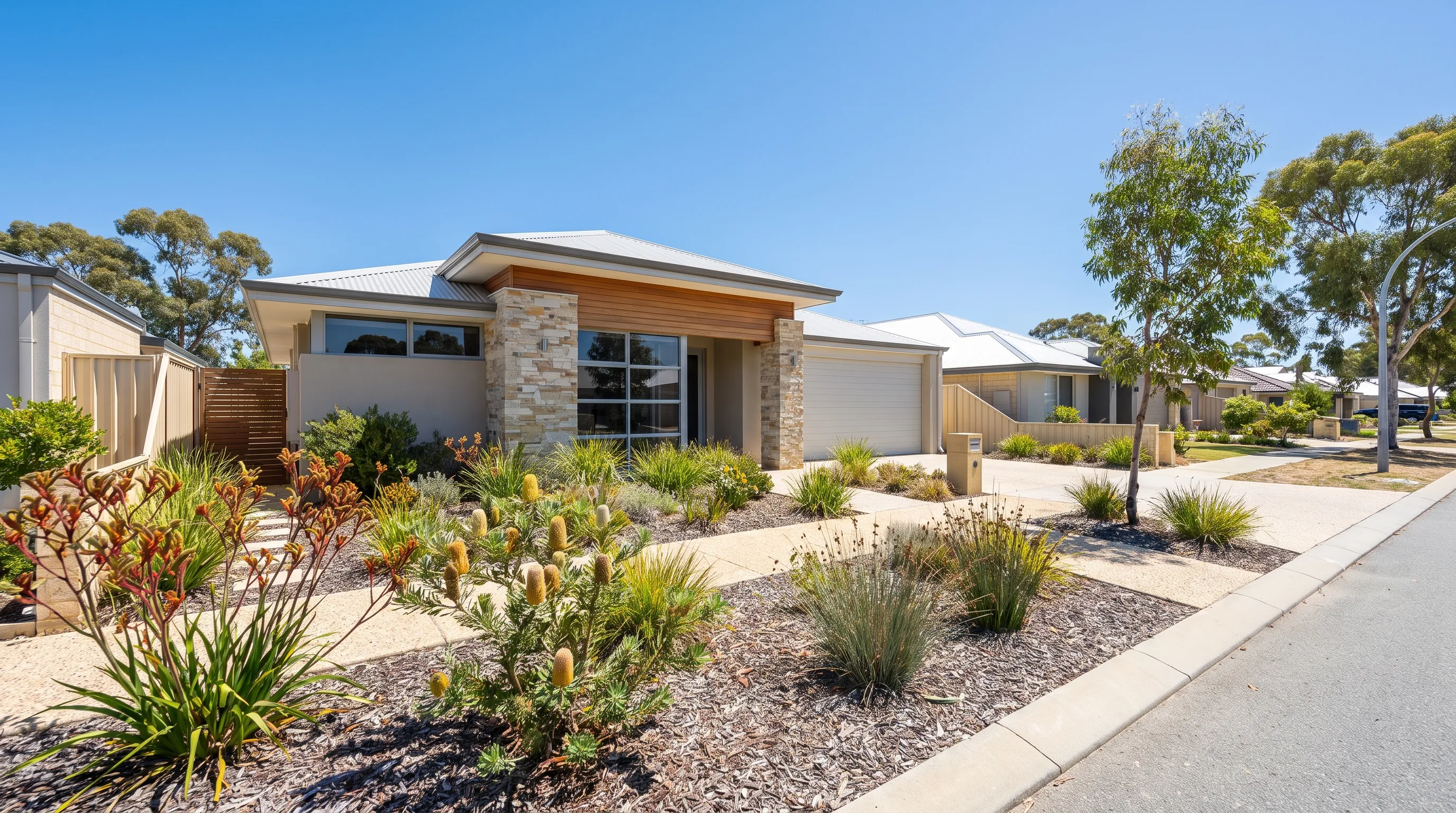 A modern Perth suburban home with a native front garden under a blue sky