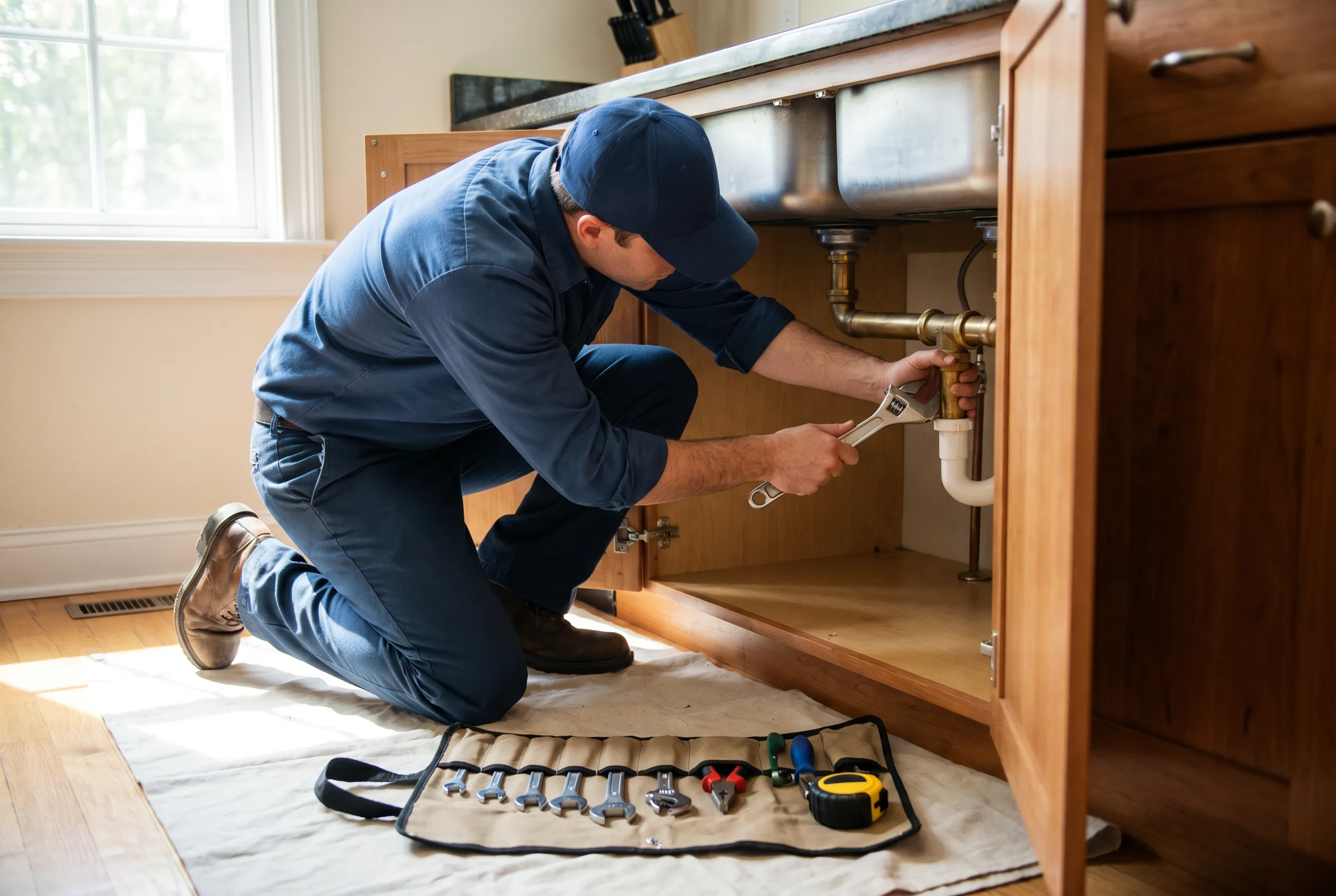 A plumber fixing pipes under a kitchen sink with tools laid out on the floor