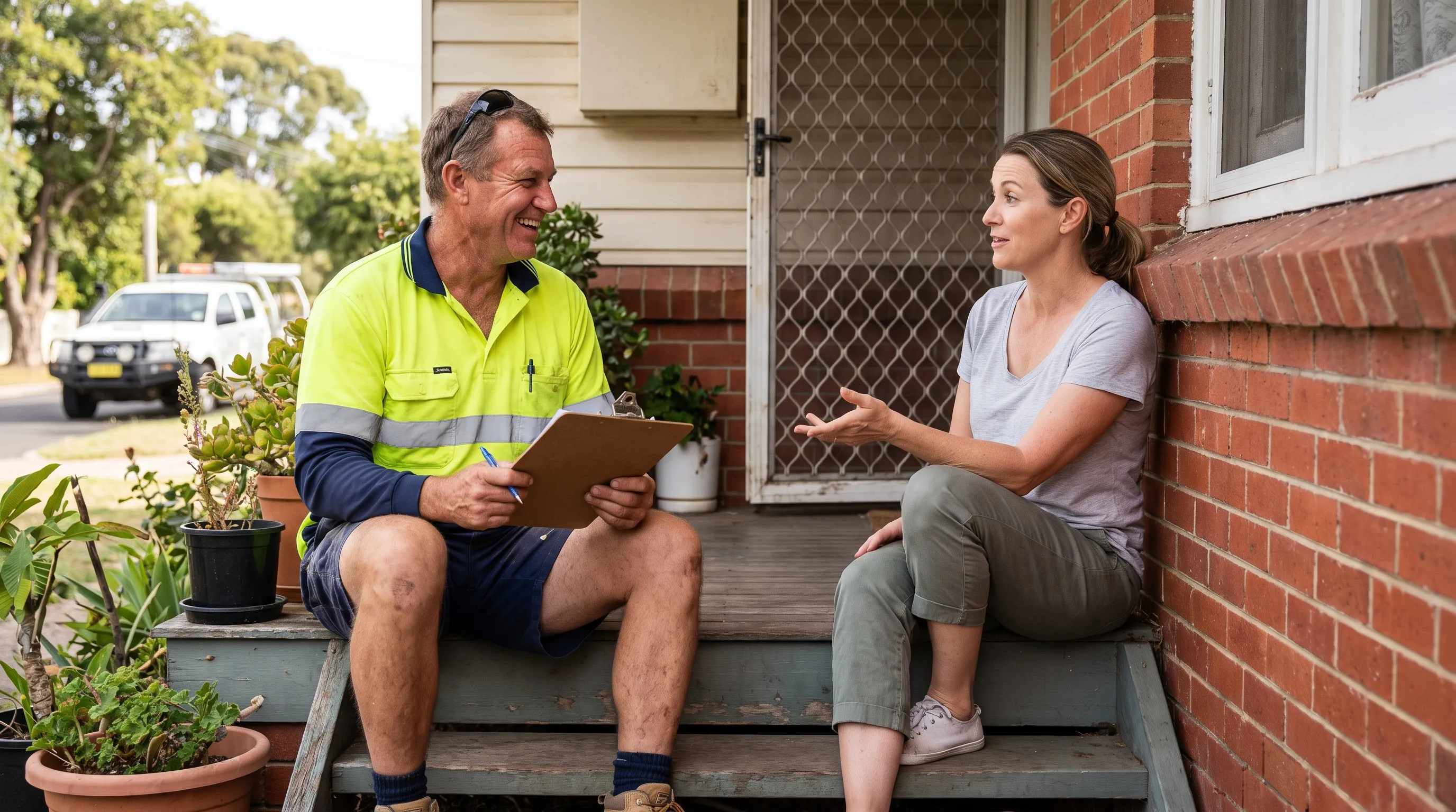 A homeowner and a tradie chatting on the front doorstep of a brick home