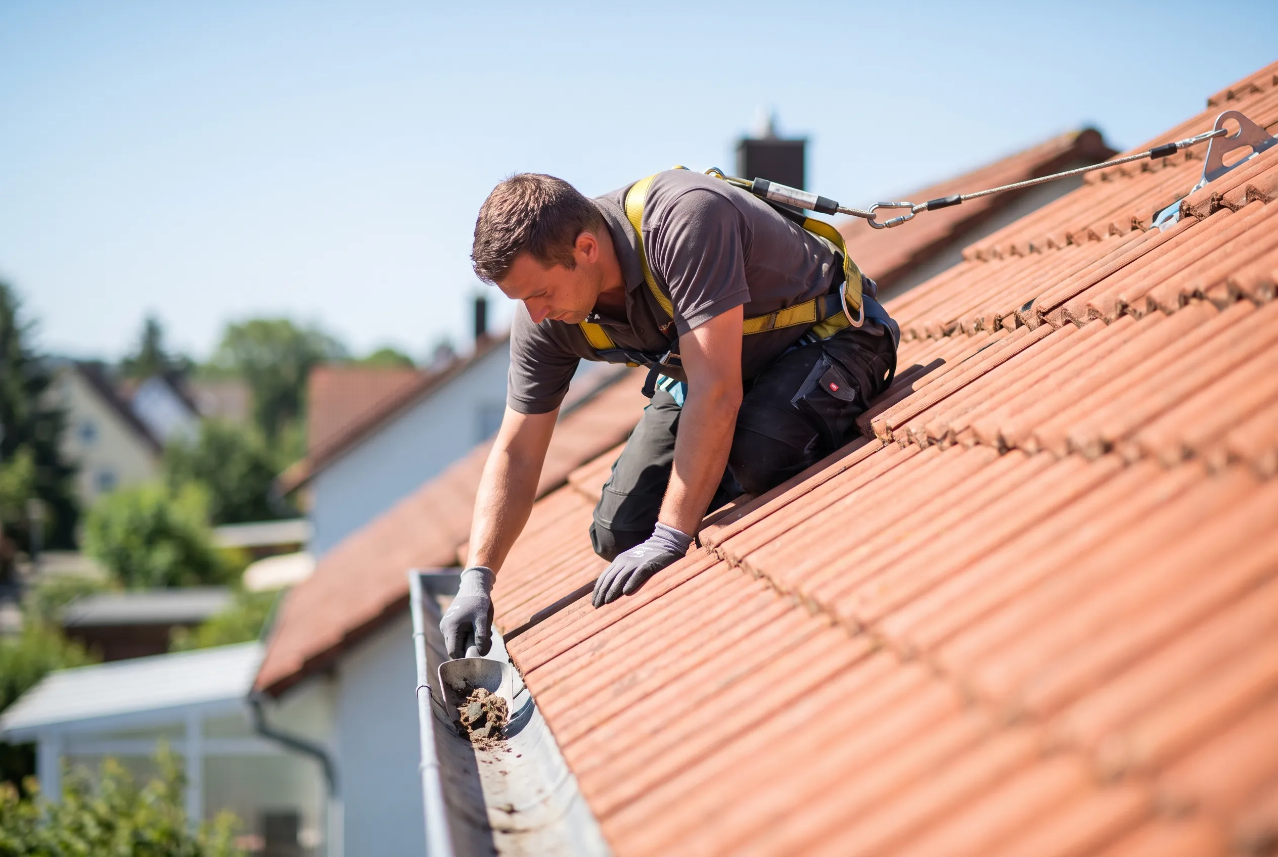 A roofer in a safety harness clearing and repairing gutters on a tiled roof