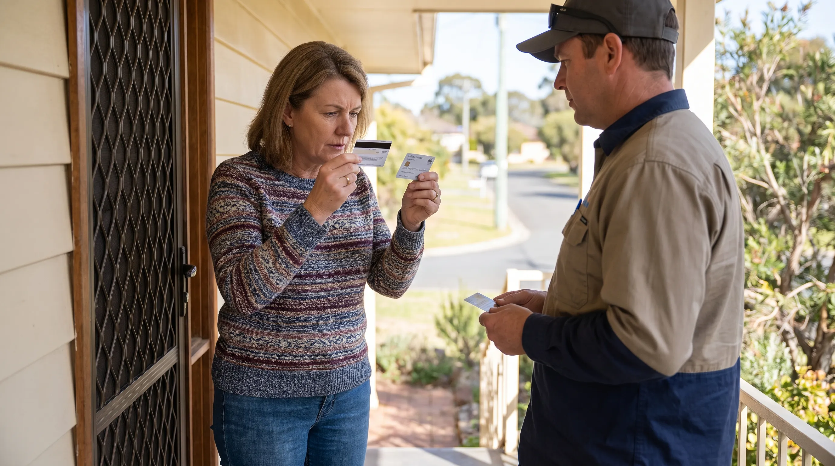 A homeowner at their front door checking a tradesperson's photo ID before letting them in