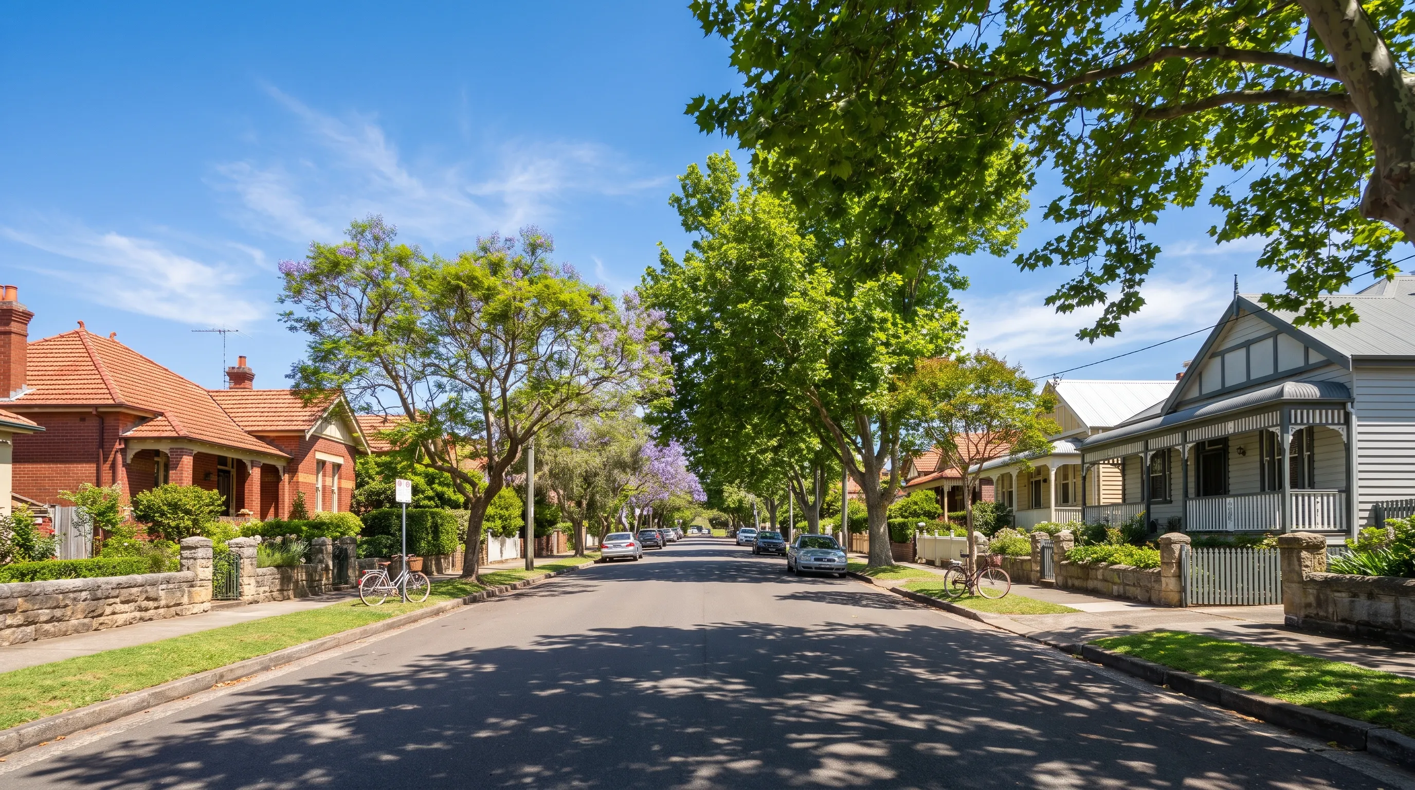 A leafy Sydney suburban street lined with federation brick and weatherboard homes
