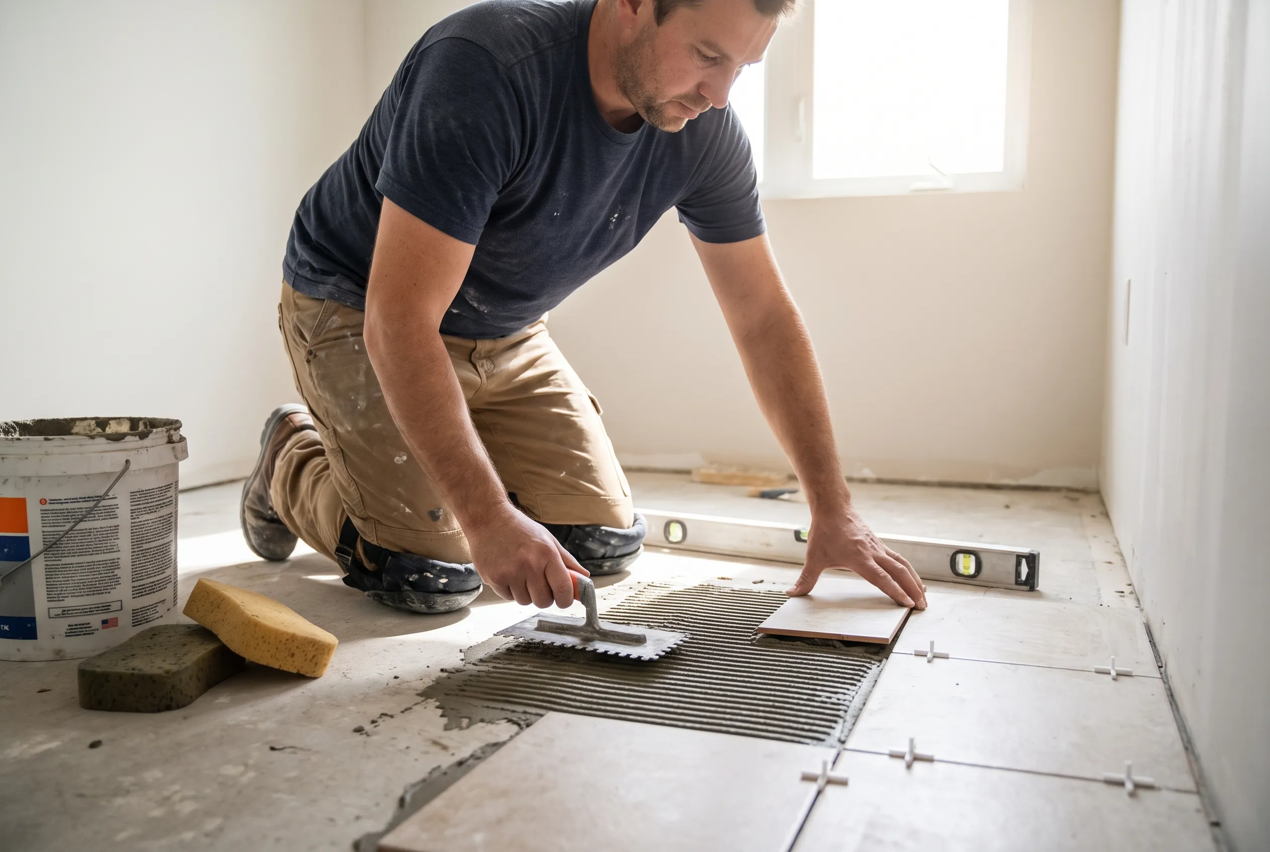 A tiler kneeling on a bathroom floor laying ceramic tiles into fresh adhesive