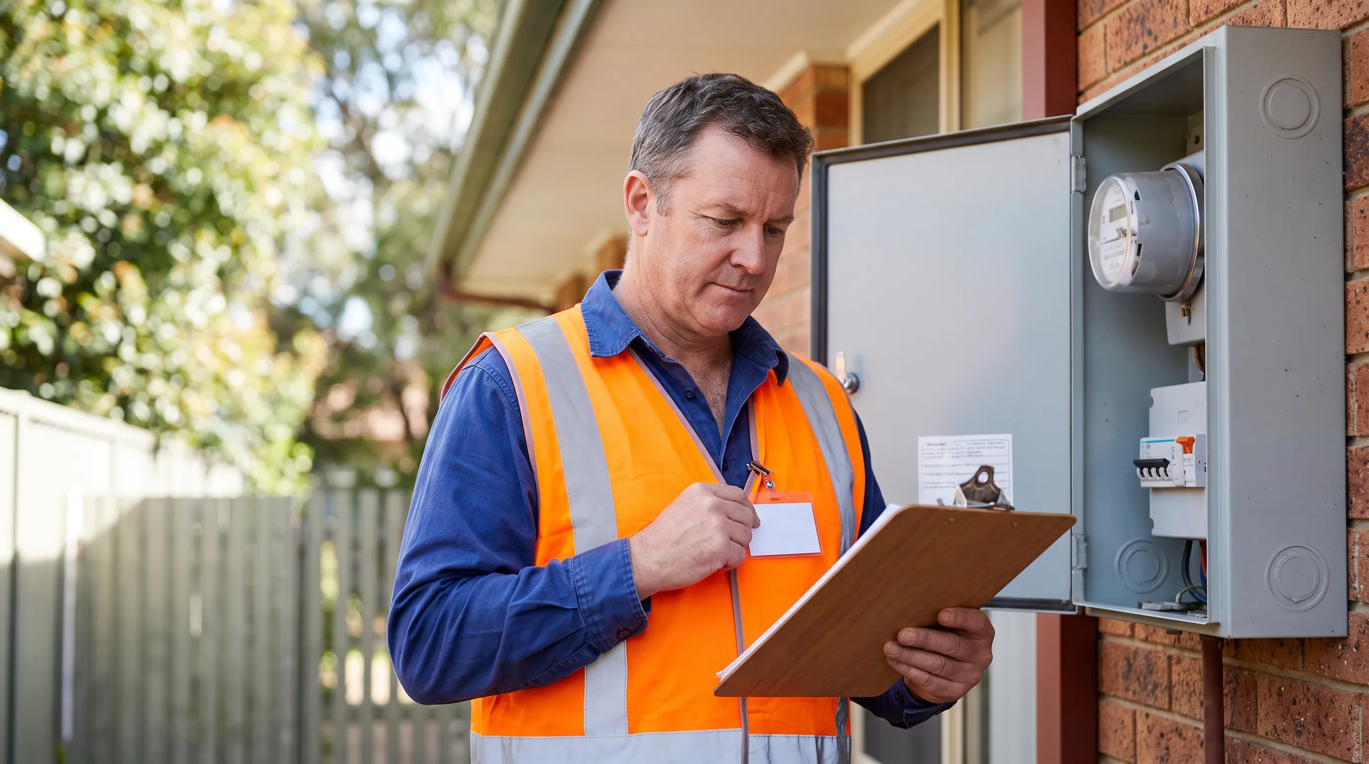 An electrician in hi-vis with a clipboard checking a home's meter box