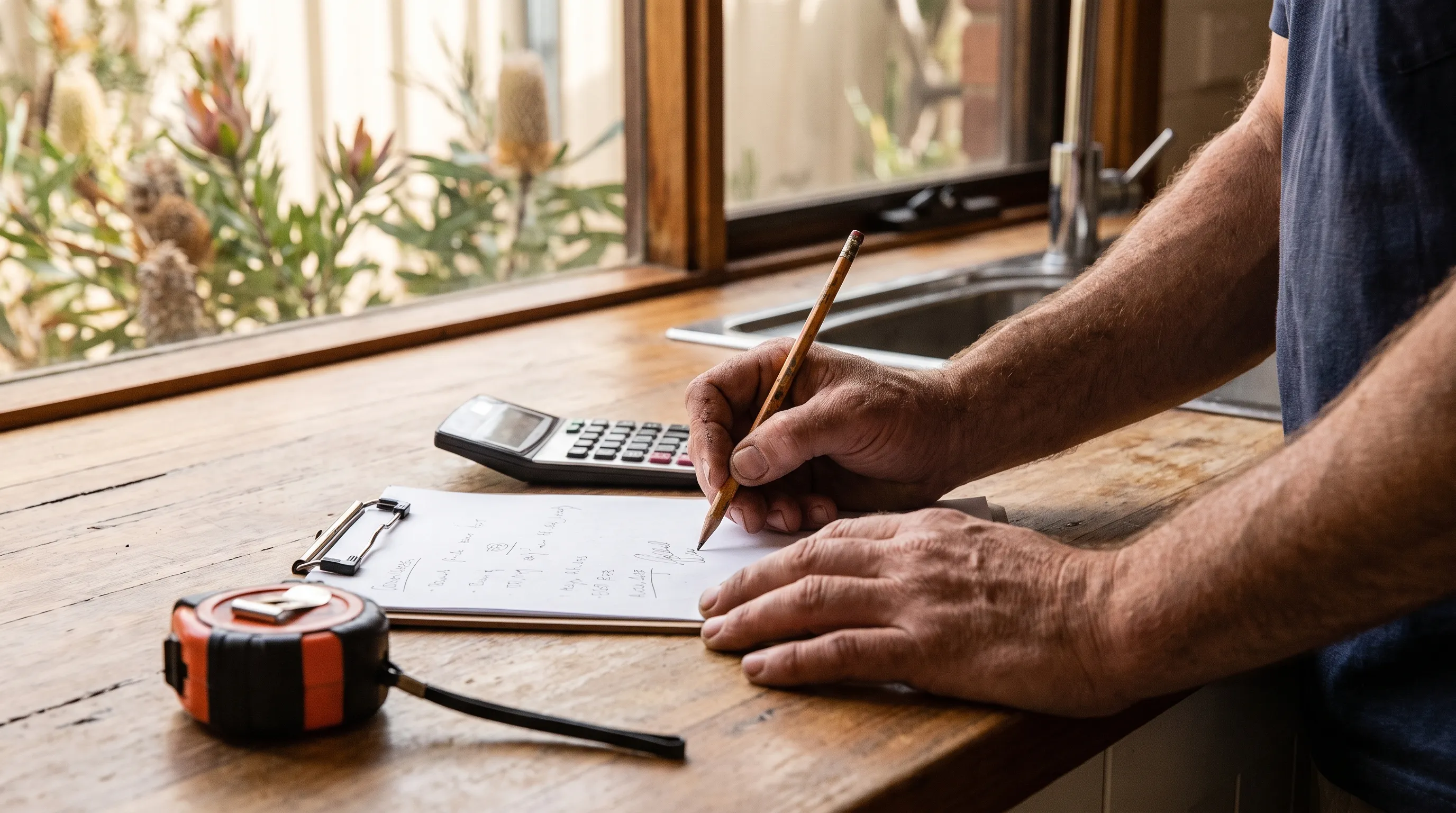 A tradesperson's hands writing a quote on a clipboard with a calculator resting on a kitchen bench